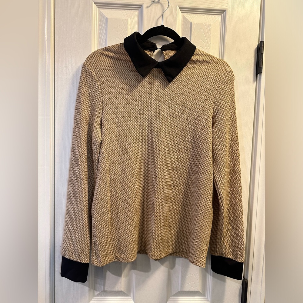 Women’s Tan Blouse with Black Neckline Detail